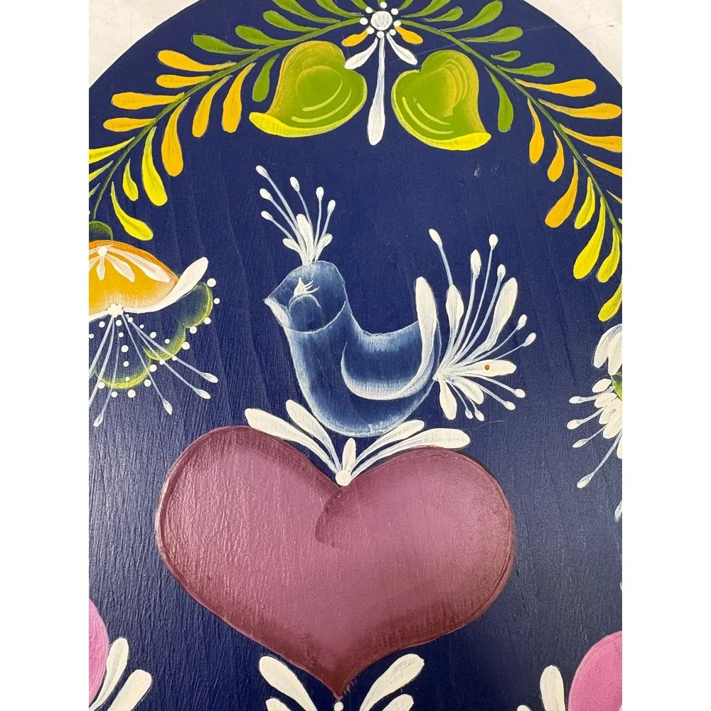 Vintage 1988 Hand Painted Rosemaling Wood Welcome Sign Folk Art Bird Heart Navy